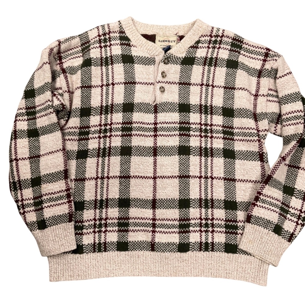 Old Glory Liberty  Henley Sweater‎ Mens XL Green Cream Plaid Cotton USA